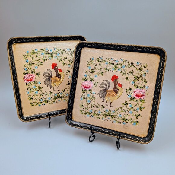 Pair of Vintage Hand-Painted Folk Art Style Rooster and Floral Square Trays - Picture 1 of 7